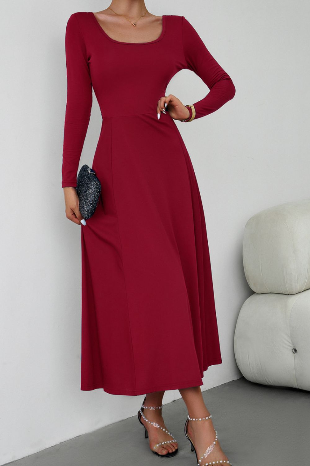 Scoop Neck Long Sleeve Lace-Up Maxi Dress-Teresa&#39;s Fashionista LLC