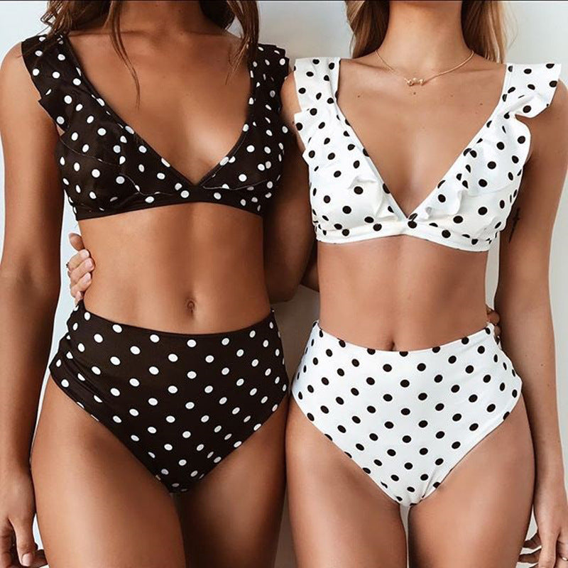 2pcs Black And White Polka Dot Print Swimsuit Sexy Ruffled Deep V-neck Bikini Set Summer Beach Womens Clothing-Teresa&#39;s Fashionista LLC