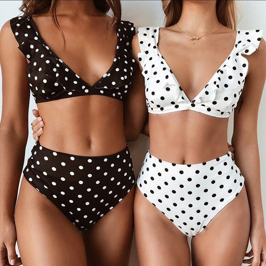 2pcs Black And White Polka Dot Print Swimsuit Sexy Ruffled Deep V-neck Bikini Set Summer Beach Womens Clothing - Teresa's Fashionista LLC