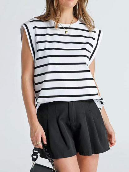 Striped Round Neck Cap Sleeve T-Shirt-Teresa&#39;s Fashionista LLC