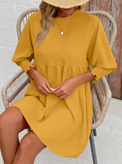 Round Neck Lantern Sleeve Mini Dress-Teresa&#39;s Fashionista LLC