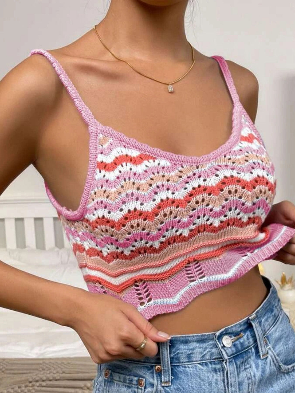 Openwork Striped Scoop Neck Cami-Teresa&#39;s Fashionista LLC