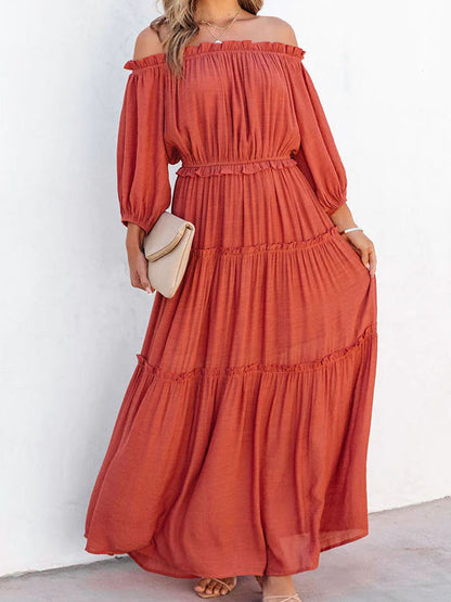 Ruffle Trim Off Shoulder Long Sleeve Maxi Dress-Teresa&#39;s Fashionista LLC