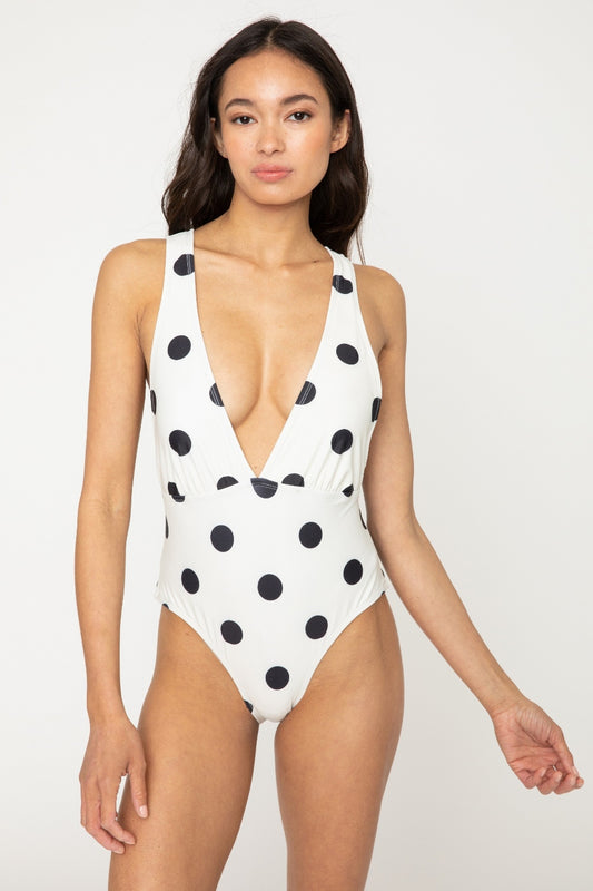 Marina West Swim Beachy Keen Polka Dot Tied Plunge One-Piece Swimsuit-Teresa&#39;s Fashionista LLC