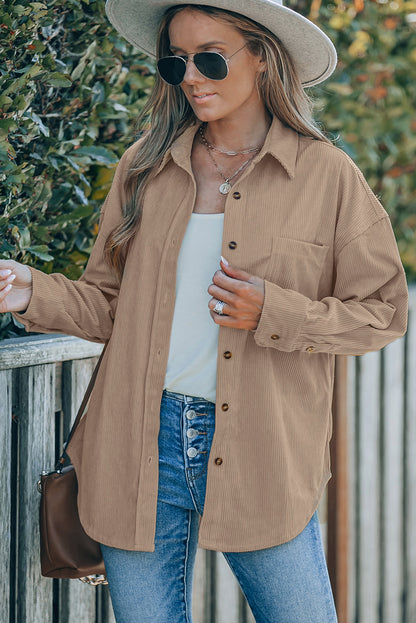 Corduroy Button-Up Pocket Shirt Jacket-Teresa&#39;s Fashionista LLC