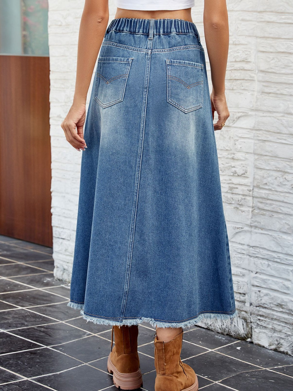 Raw Hem Buttoned Denim Skirt with Pockets-Teresa&#39;s Fashionista LLC