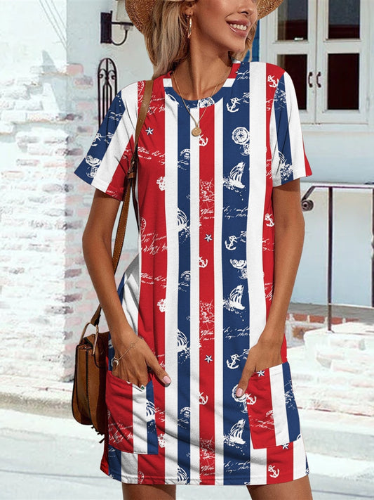 Pocketed Striped Round Neck Short Sleeve Dress - Teresa's Fashionista LLC