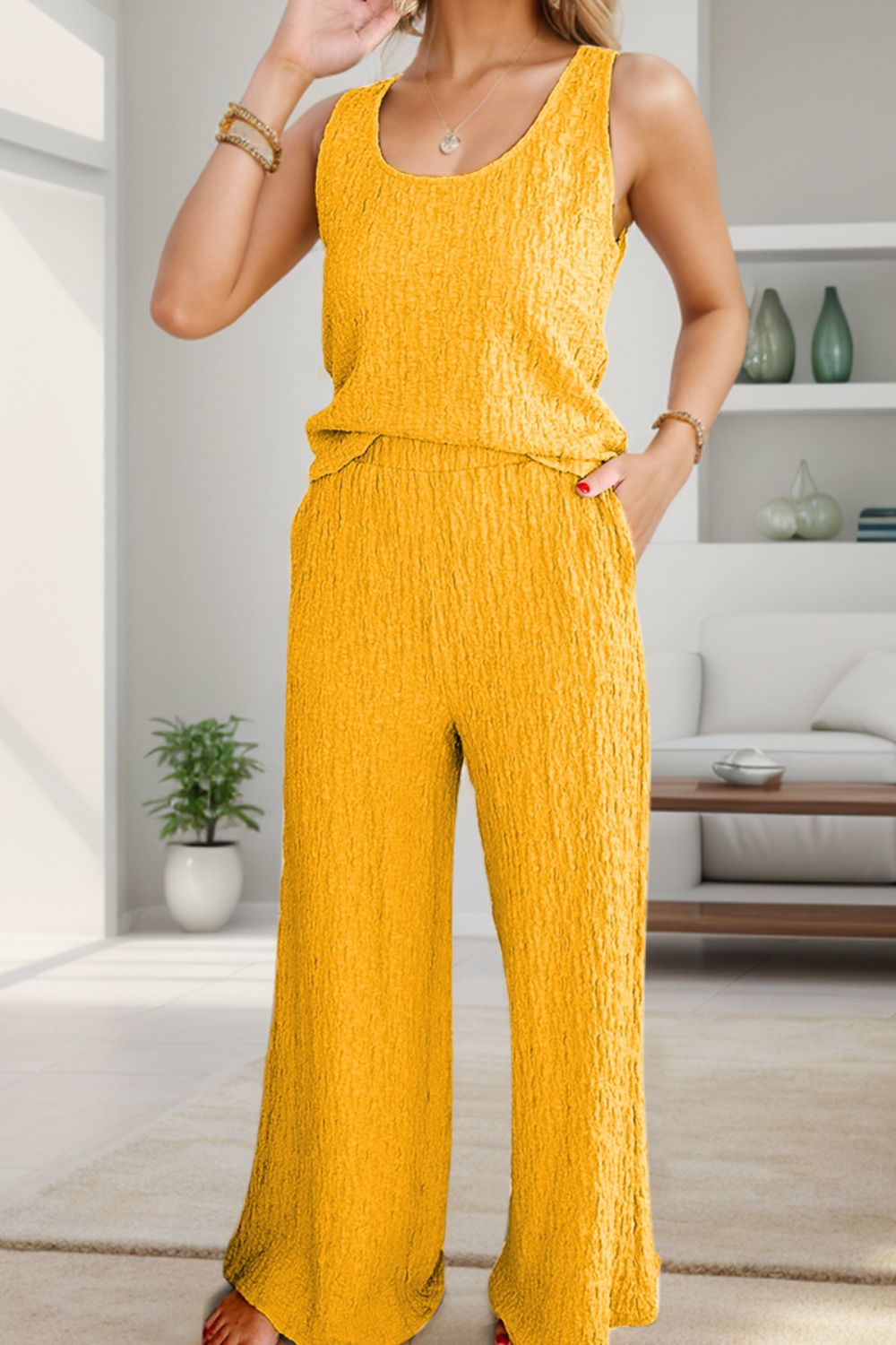 Textured Round Neck Top and Wide Leg Pants Set-Teresa&#39;s Fashionista LLC