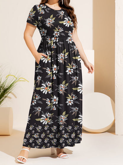 Plus Size Printed Round Neck Short Sleeve Maxi Dress-Teresa&#39;s Fashionista LLC