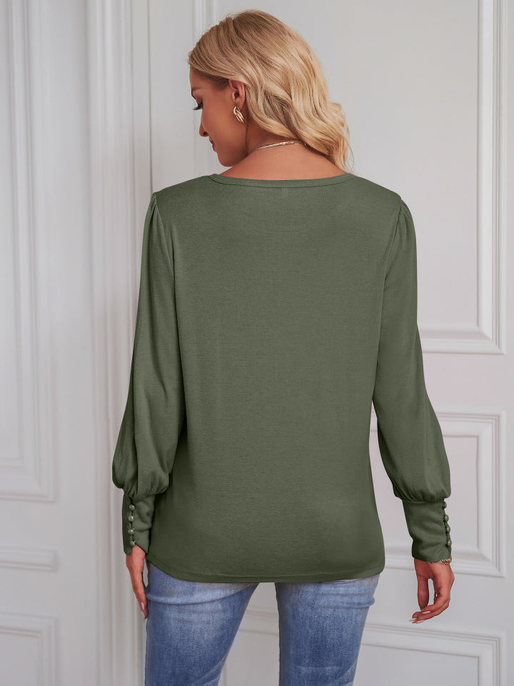 Round Neck Lantern Sleeve Blouse-Teresa&#39;s Fashionista LLC