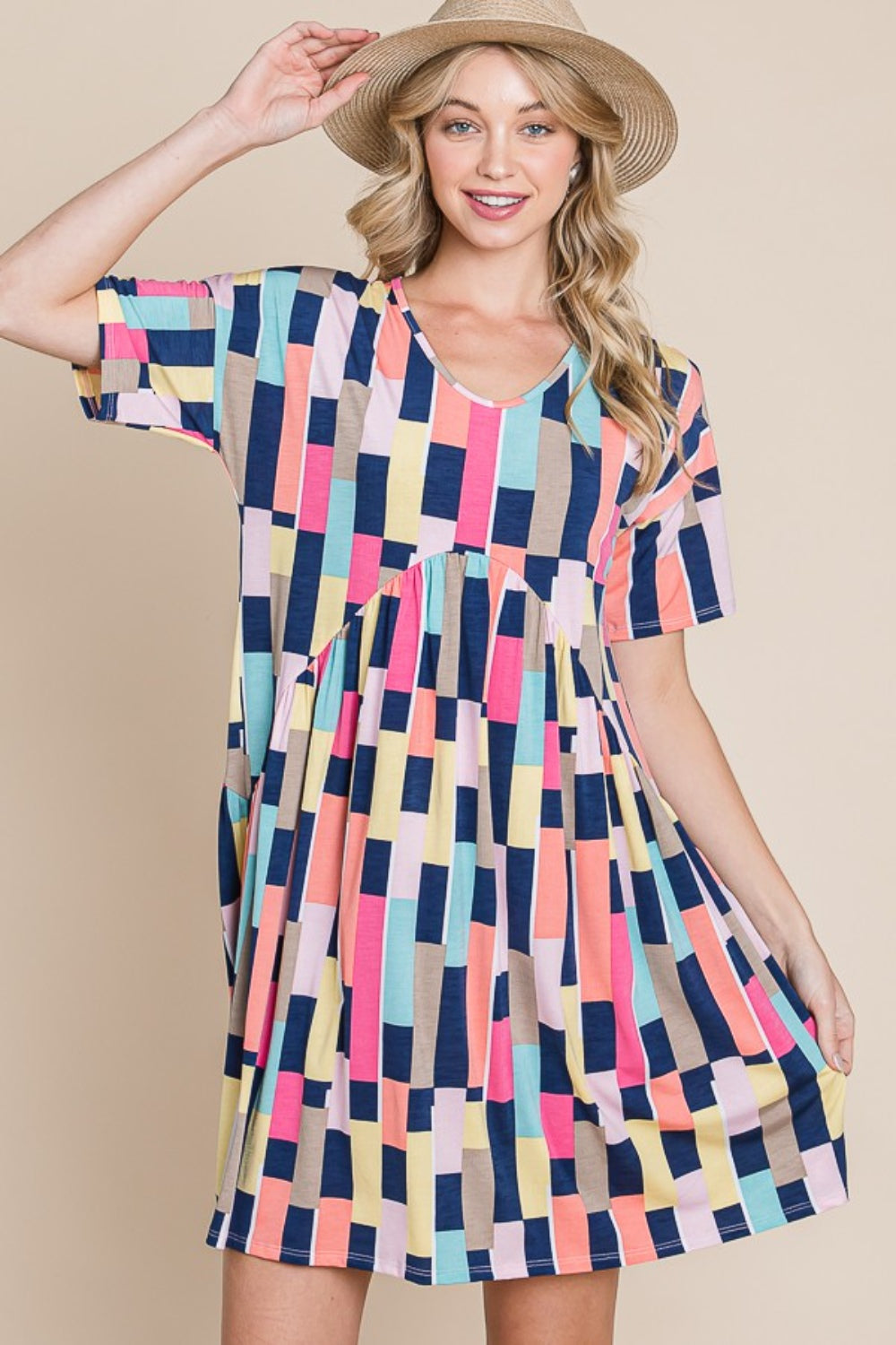 BOMBOM Ruched Color Block Short Sleeve Mini Dress-Teresa&#39;s Fashionista LLC