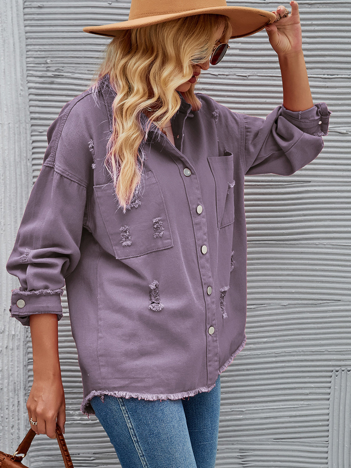 Distressed Raw Hem Button Up Denim Jacket-Teresa&#39;s Fashionista LLC