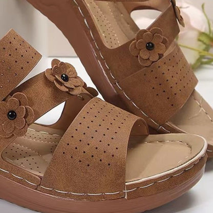 Flower PU Leather Wedge Sandals-Teresa&#39;s Fashionista LLC