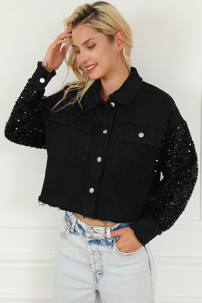 Sequin Button Up Raw Hem Denim Jacket-Teresa&#39;s Fashionista LLC