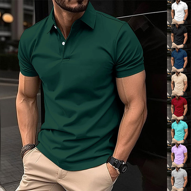 Summer Short Sleeve Polo Shirt Men Solid Color Button Lapel Button Top-Teresa&#39;s Fashionista LLC