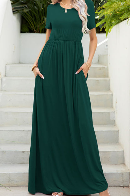 Round Neck Maxi Tee Dress with Pockets-Teresa&#39;s Fashionista LLC