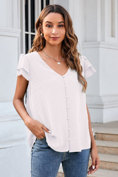 Swiss Dot Layered Flutter Sleeve Shirt-Teresa&#39;s Fashionista LLC