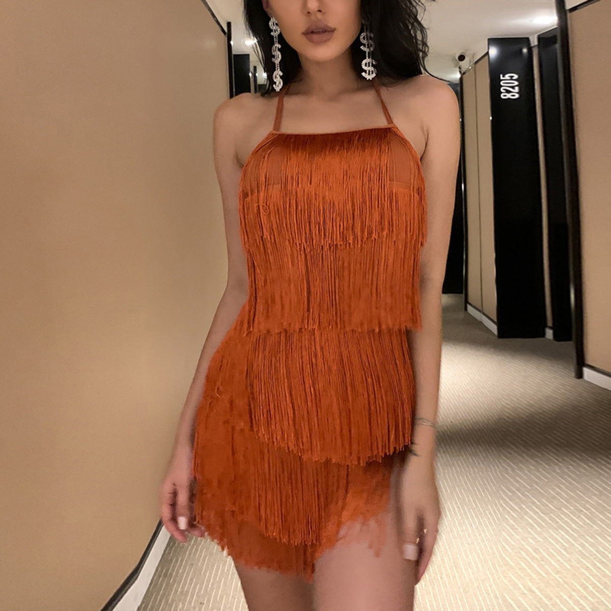 Fringed Halter Neck Tied Back Mini Dress-Teresa&#39;s Fashionista LLC