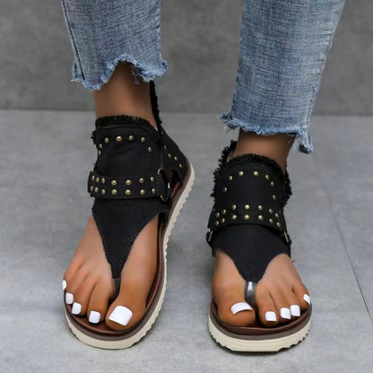 Studded Raw Hem Flat Sandals-Teresa&#39;s Fashionista LLC