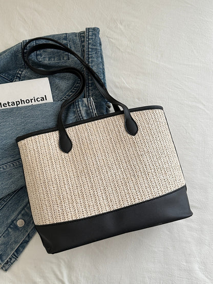 Contrast Straw Woven Tote Bag-Teresa&#39;s Fashionista LLC