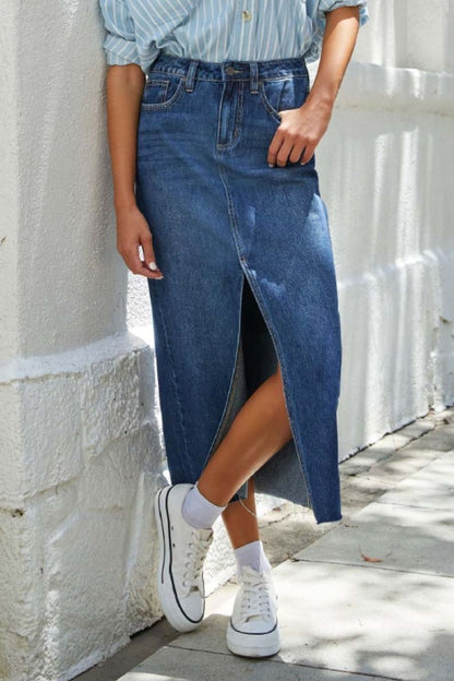 Slit Raw Hem Midi Denim Skirt-Teresa&#39;s Fashionista LLC