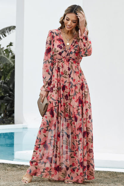 Floral Frill Trim Flounce Sleeve Plunge Maxi Dress-Teresa&#39;s Fashionista LLC