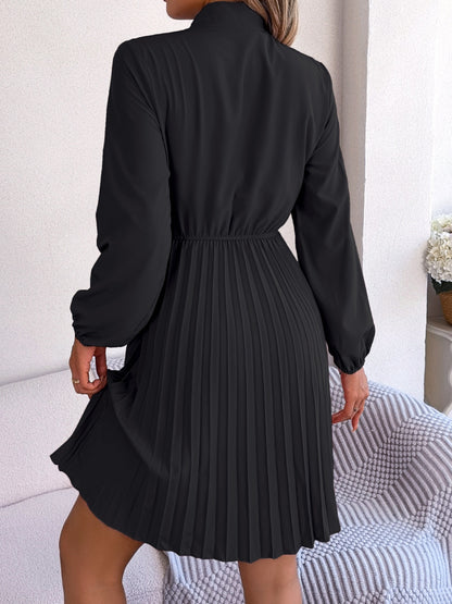 Tie Neck Balloon Sleeve Pleated Dress-Teresa&#39;s Fashionista LLC