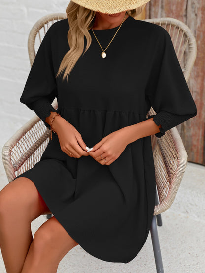 Round Neck Lantern Sleeve Mini Dress-Teresa&#39;s Fashionista LLC