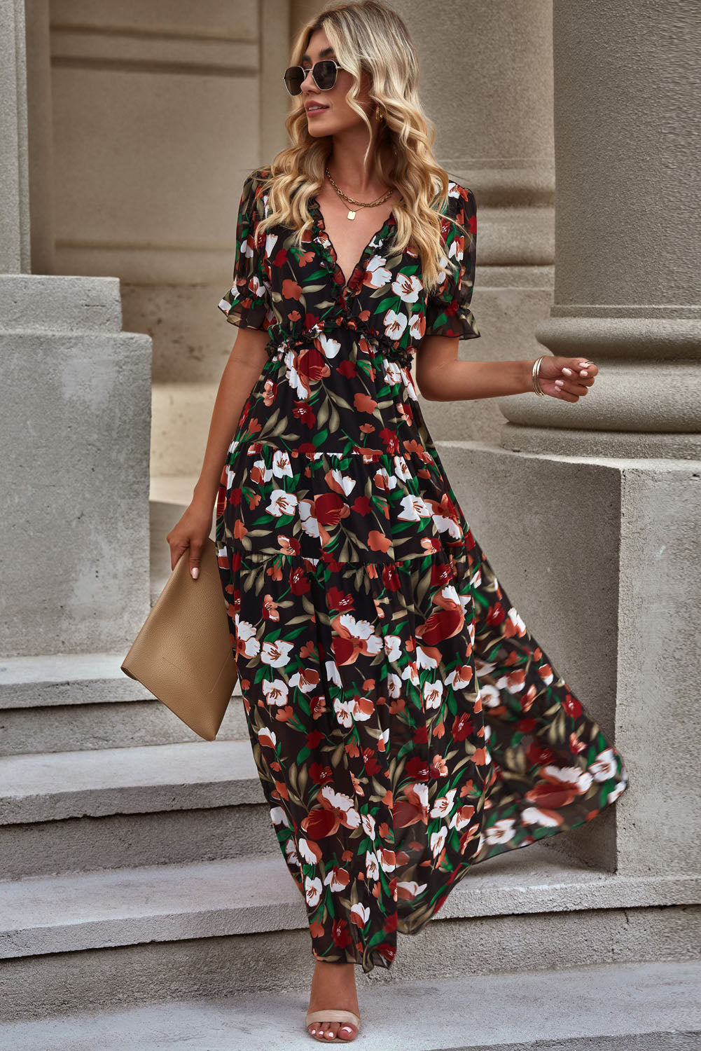 Floral V-Neck Short Flounce Sleeve Dress-Teresa&#39;s Fashionista LLC