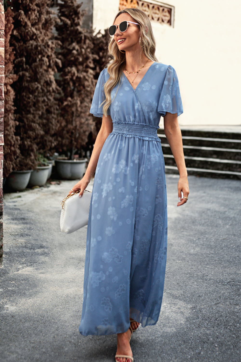 Floral Print V-Neck Smocked Waist High Slit Maxi Dress-Teresa&#39;s Fashionista LLC