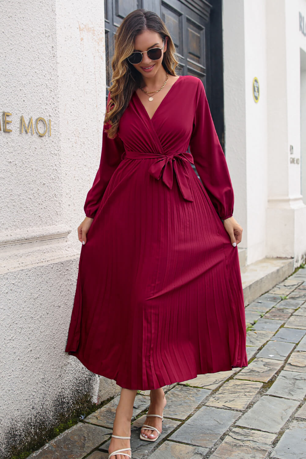 Pleated Long Sleeve Surplice Maxi Dress-Teresa&#39;s Fashionista LLC