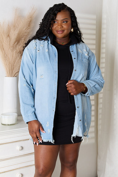 RISEN Full Size Distressed Raw Hem Denim Jacket-Teresa&#39;s Fashionista LLC