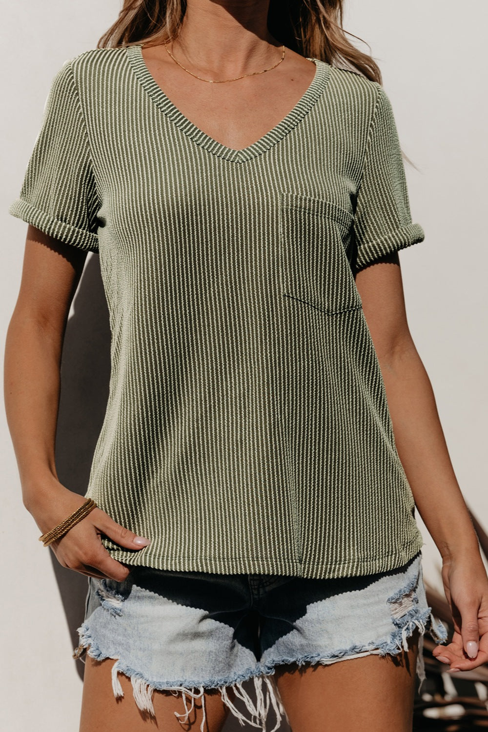 Striped V-Neck Short Sleeve T-Shirt-Teresa&#39;s Fashionista LLC