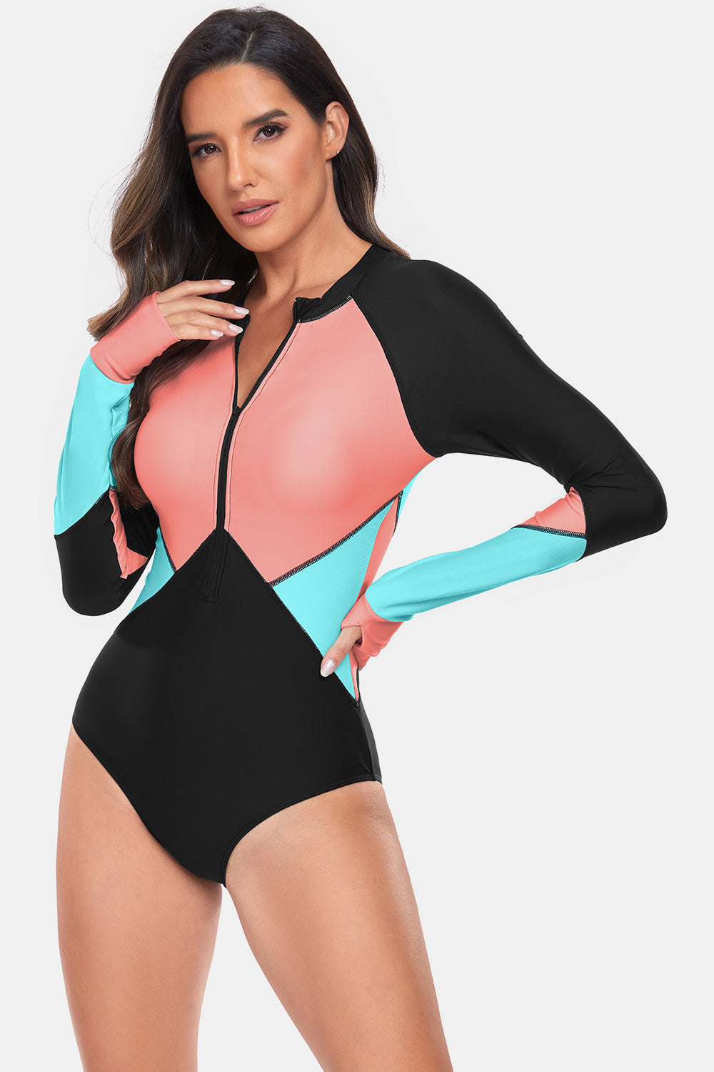 Color Block Half Zip Long Sleeve One-Piece Swimwear-Teresa&#39;s Fashionista LLC