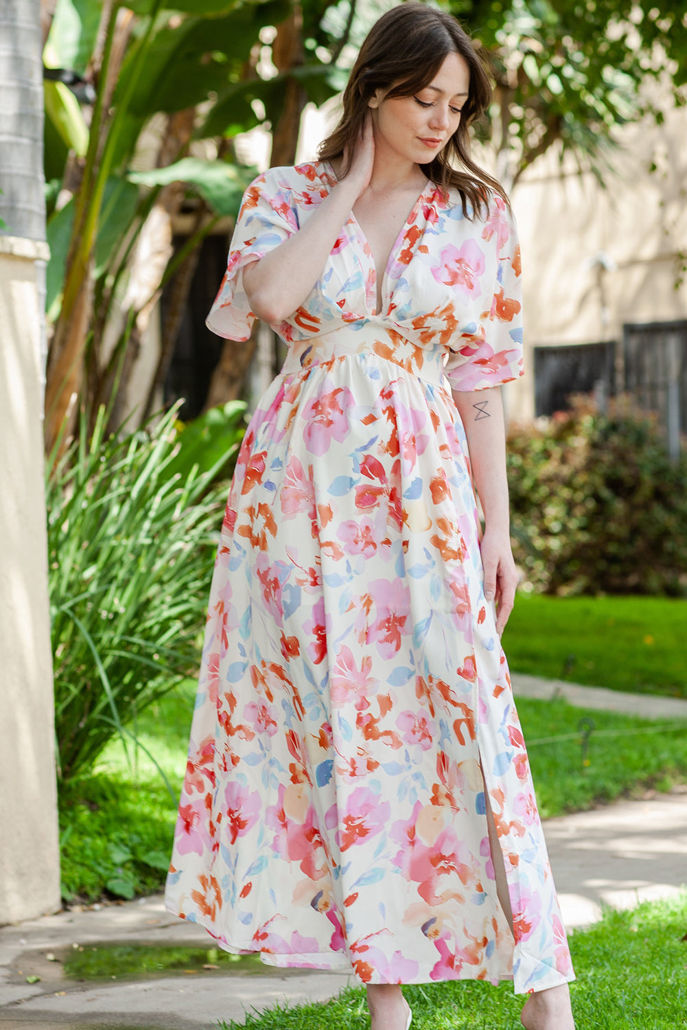 Floral Deep V Slit Maxi Dress-Teresa&#39;s Fashionista LLC