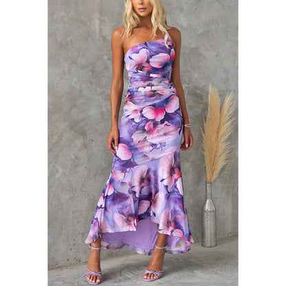 Flowers Print One-shoulder Dress Summer INS Casual Suspender Long Dresses Womens Clothing-Teresa&#39;s Fashionista LLC