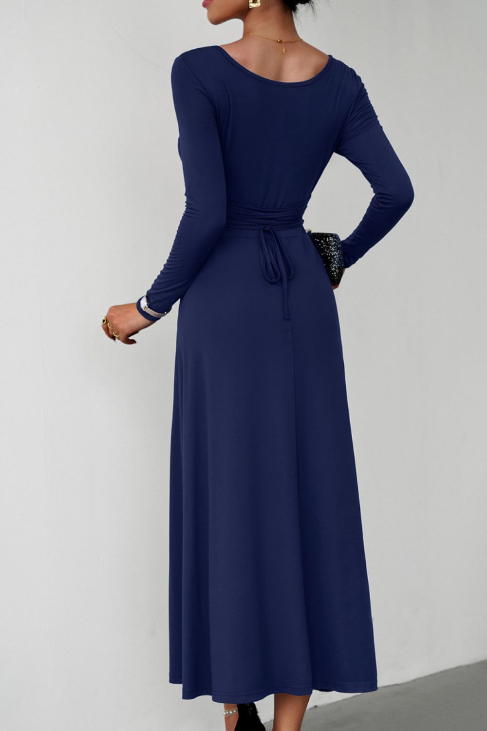 Scoop Neck Long Sleeve Lace-Up Maxi Dress-Teresa&#39;s Fashionista LLC