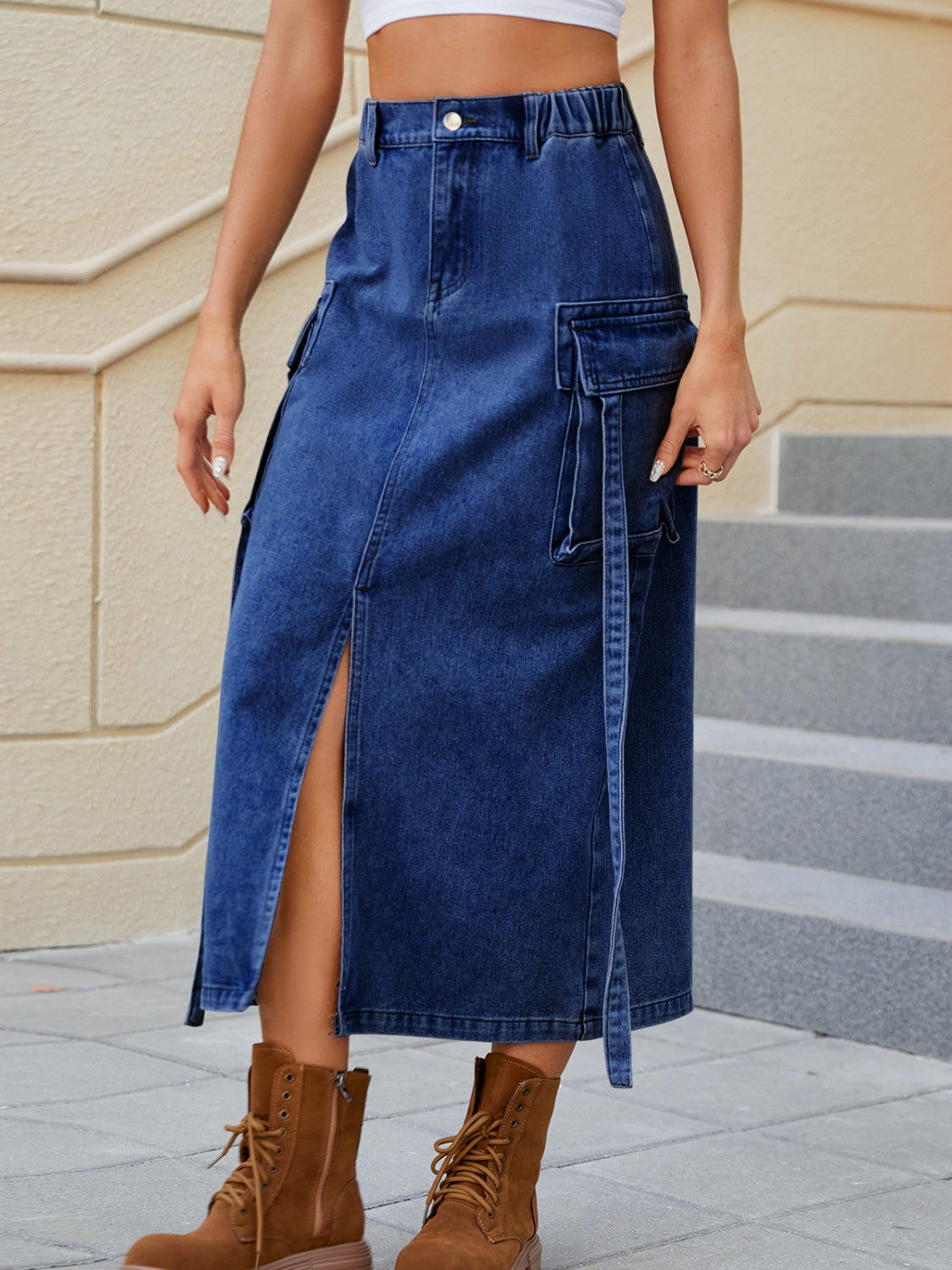 Slit Pocketed High Waist Denim Skirt-Teresa&#39;s Fashionista LLC