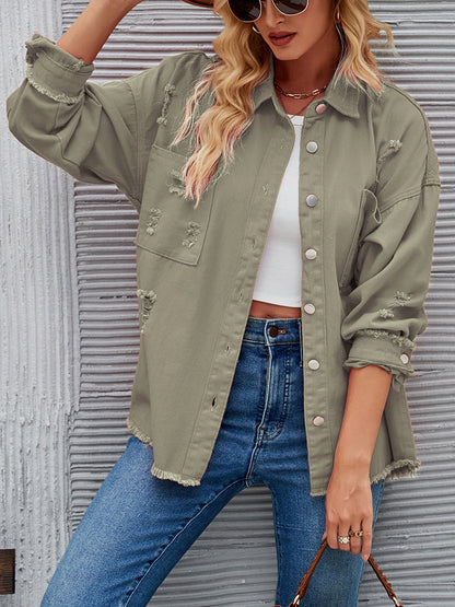 Distressed Raw Hem Button Up Denim Jacket-Teresa&#39;s Fashionista LLC