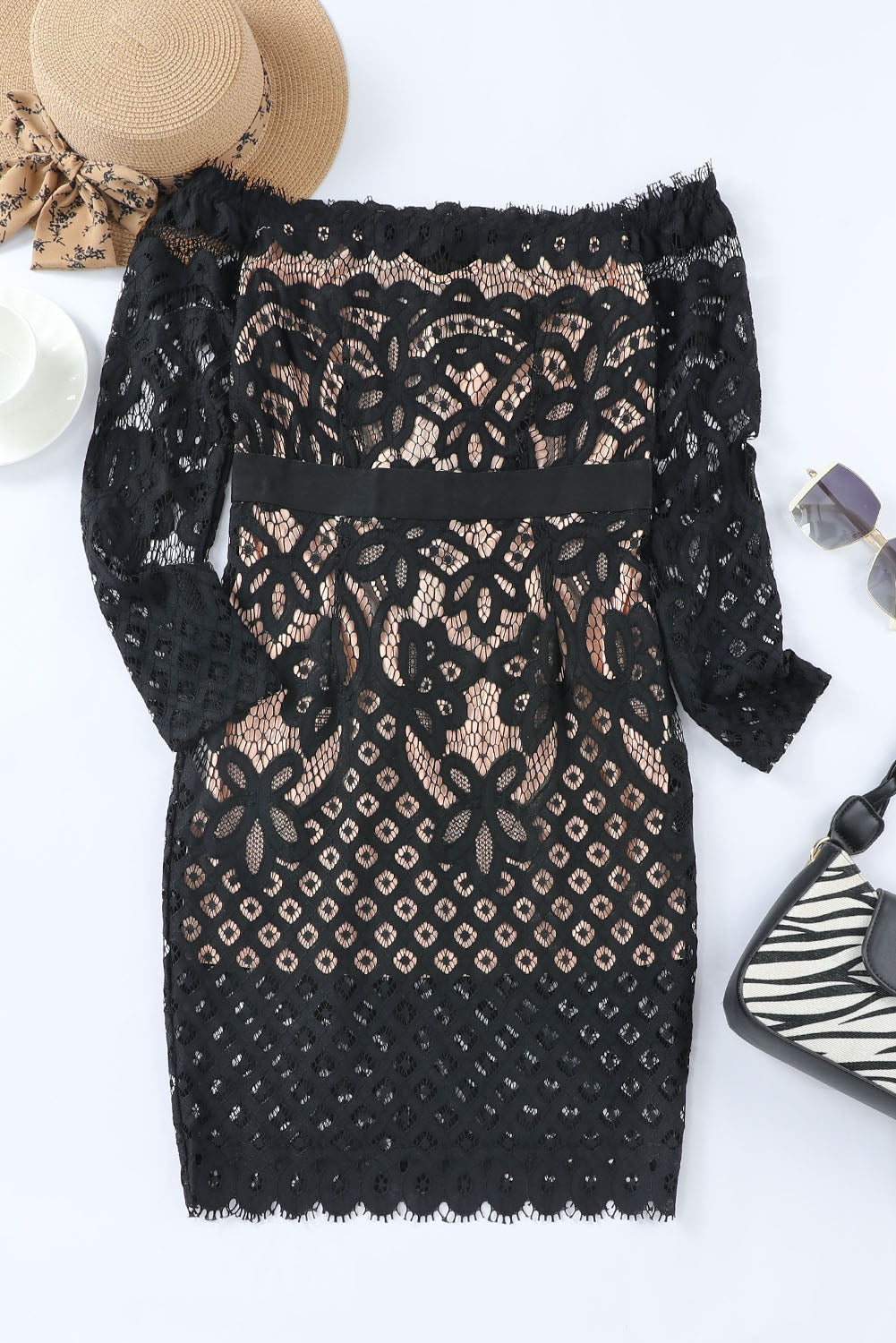 Off-Shoulder Long Sleeve Lace Dress-Teresa&#39;s Fashionista LLC