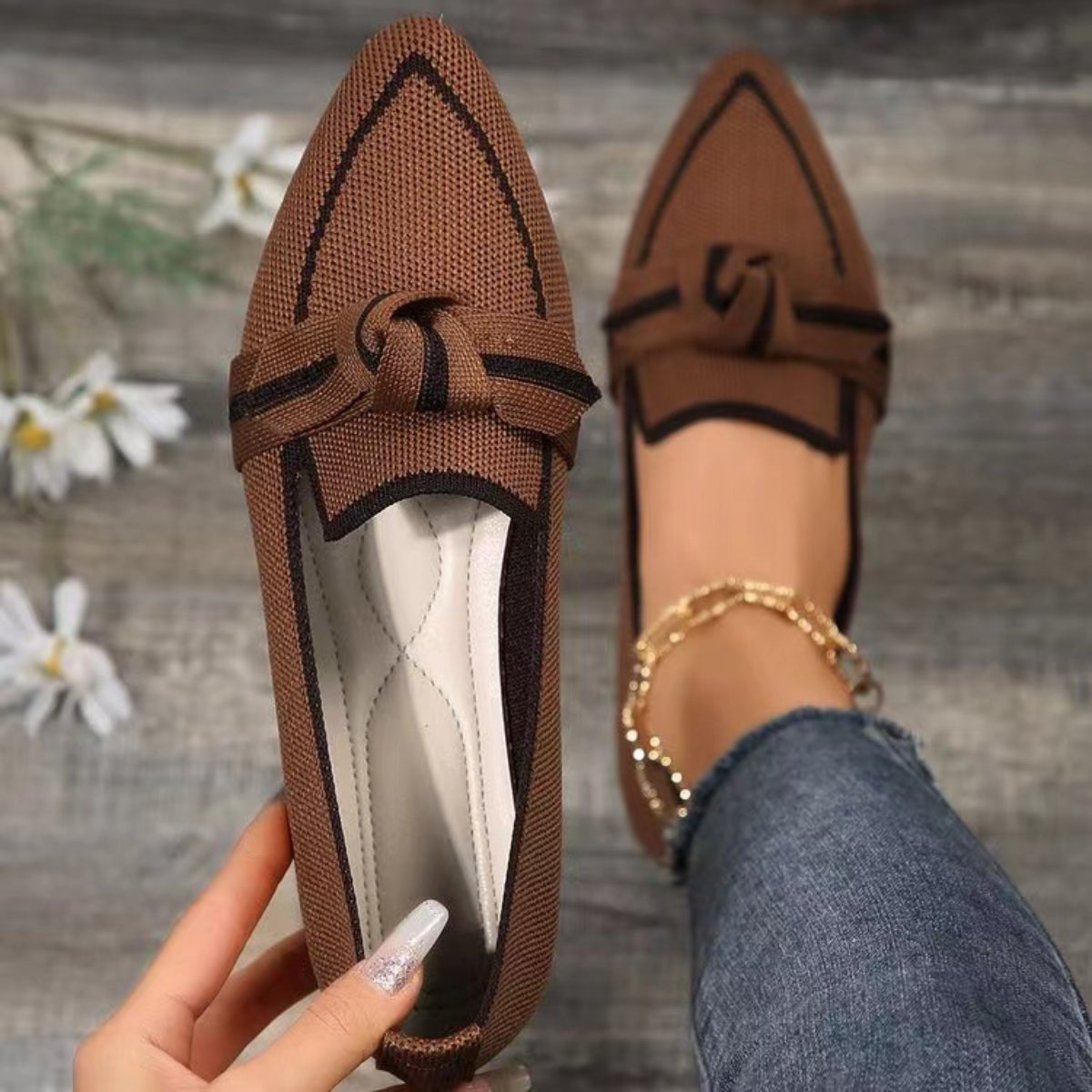 Bow Contrast Trim Point Toe Loafers-Teresa&#39;s Fashionista LLC