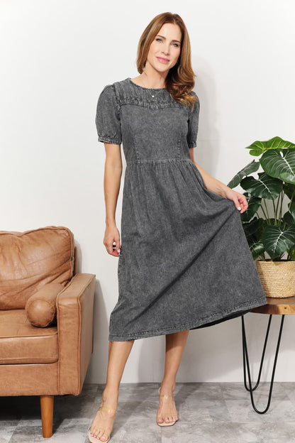 And The Why Full Size Washed Chambray Midi Dress-Teresa&#39;s Fashionista LLC