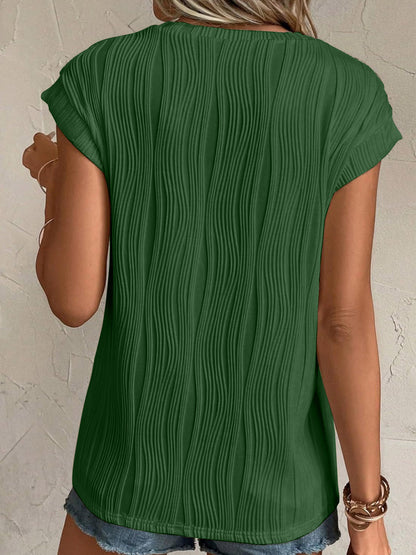 Textured Round Neck Cap Sleeve T-Shirt-Teresa&#39;s Fashionista LLC