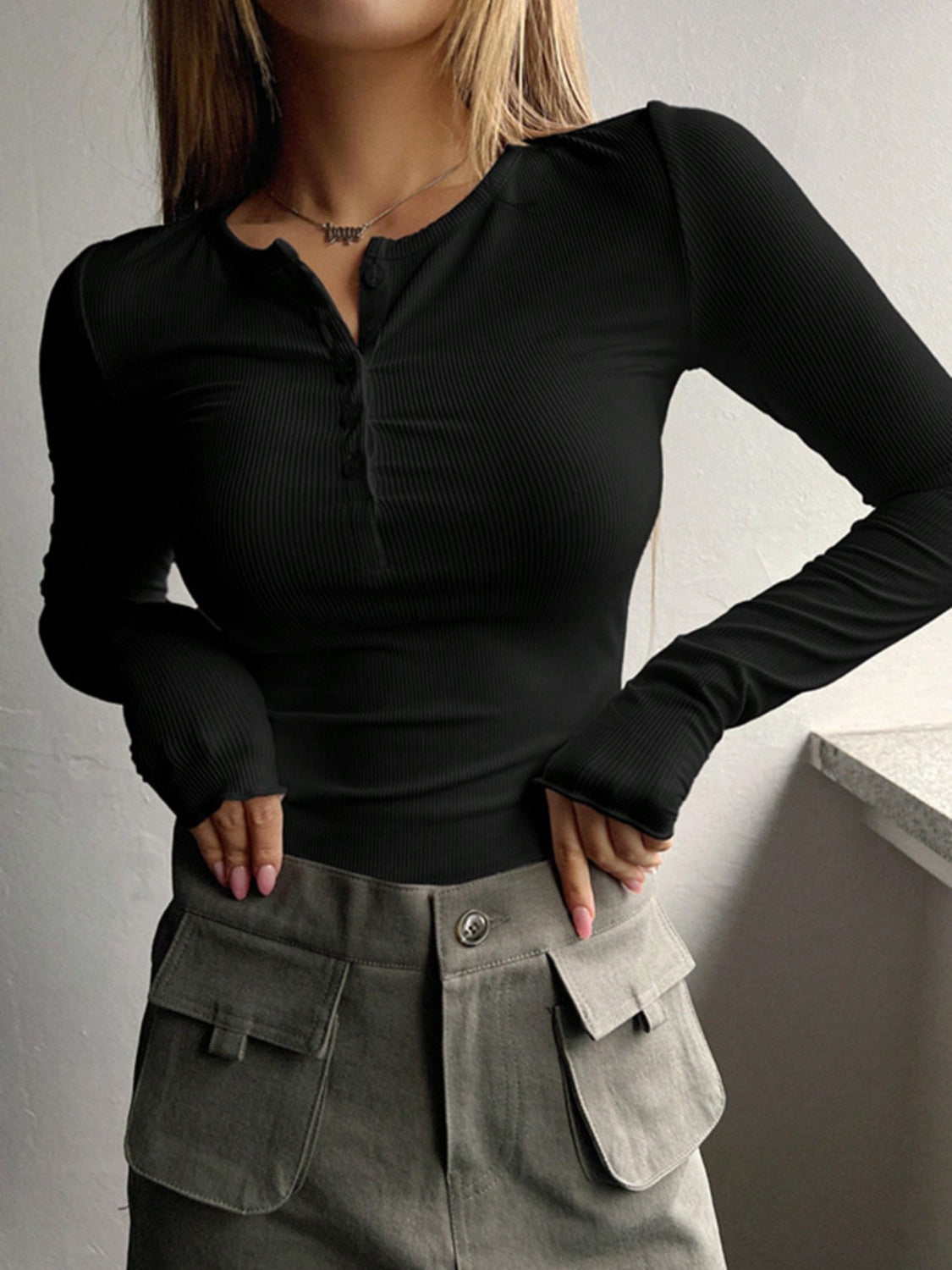 Half Button Long Sleeve T-Shirt-Teresa&#39;s Fashionista LLC