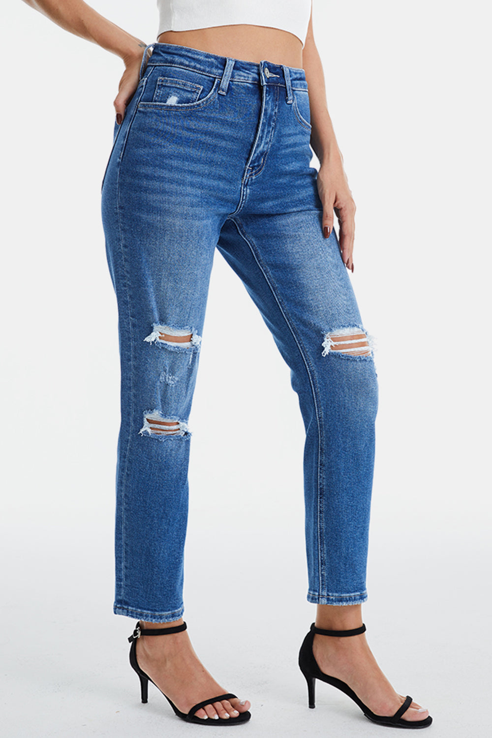 BAYEAS Full Size Distressed High Waist Mom Jeans-Teresa&#39;s Fashionista LLC