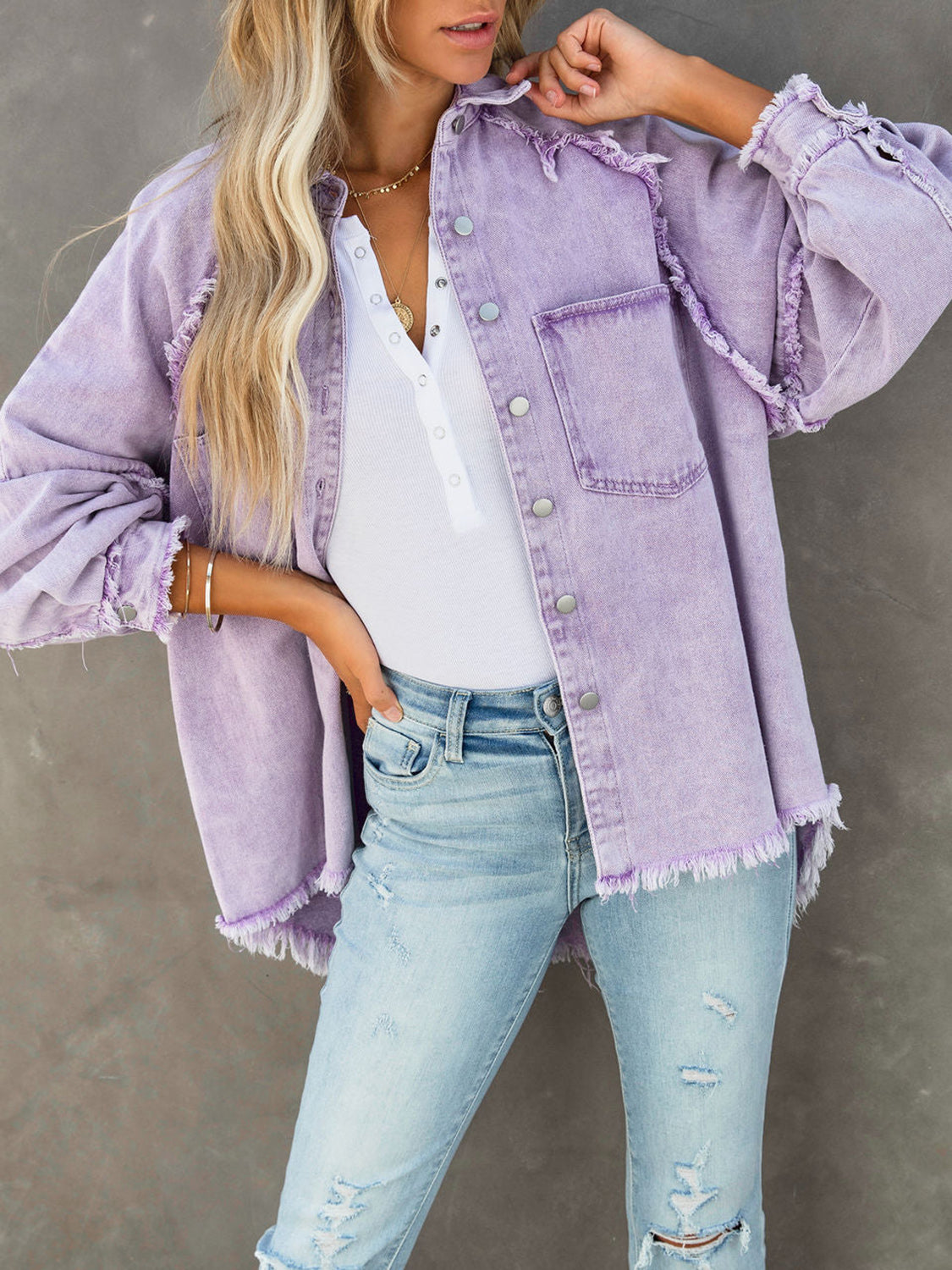 Button Down Raw Hem Denim Jacket-Teresa&#39;s Fashionista LLC