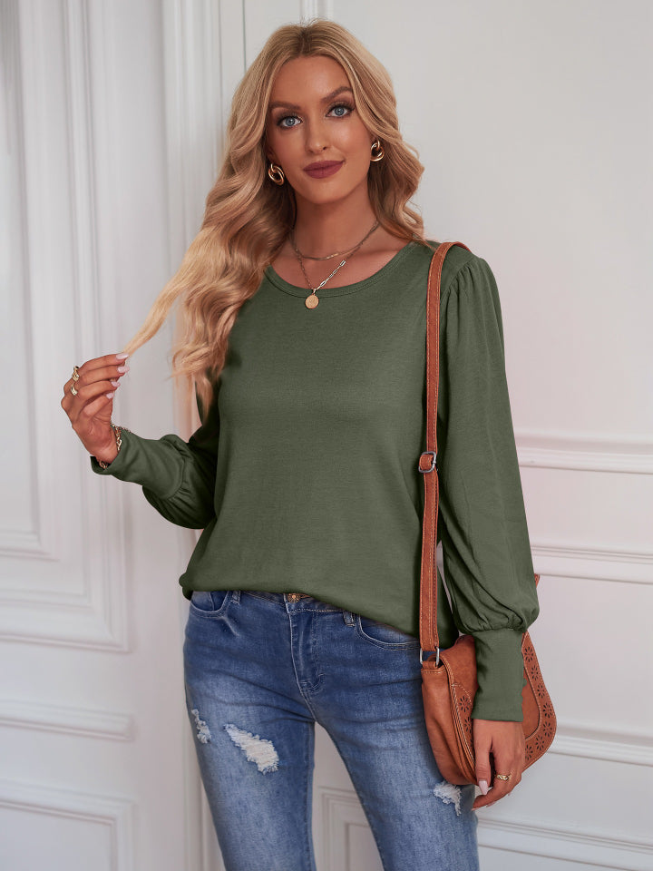 Round Neck Lantern Sleeve Blouse-Teresa&#39;s Fashionista LLC