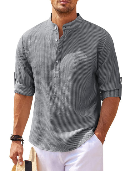 Men's Casual Shirt Long Sleeve Stand Collar Solid Color Shirt Mens Clothing-Teresa&#39;s Fashionista LLC