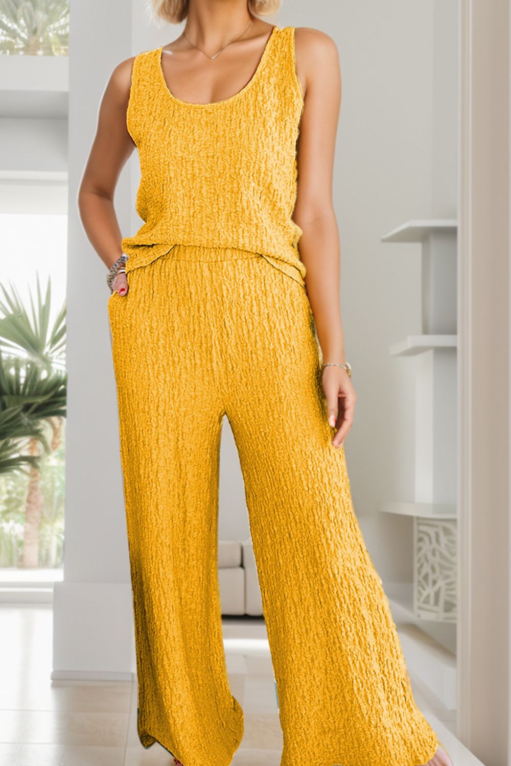 Textured Round Neck Top and Wide Leg Pants Set-Teresa&#39;s Fashionista LLC