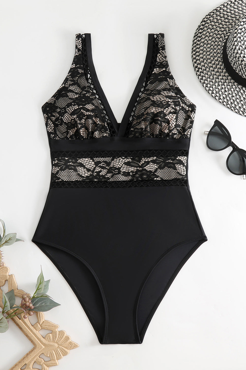 Lace V-Neck Sleeveless One-Piece Swimwear-Teresa&#39;s Fashionista LLC